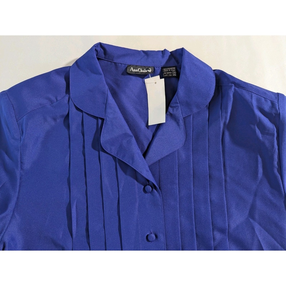 Ann Chabrol Women Blue Satin Collared Long Sleeve Pleated Button Blouse Size 14